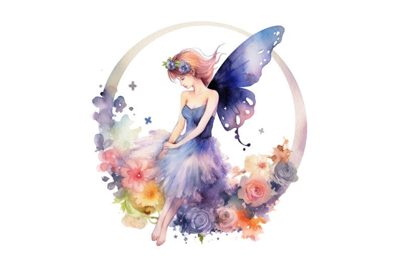 Watercolor Fairy with Flowers Clipart