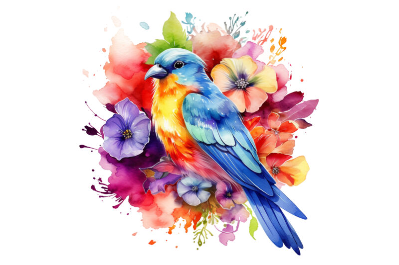 Rainbow Flower Bird Watercolor Clipart