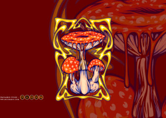 Melting amanita mushrooms with hallucinogenic nouveau frame illustrations