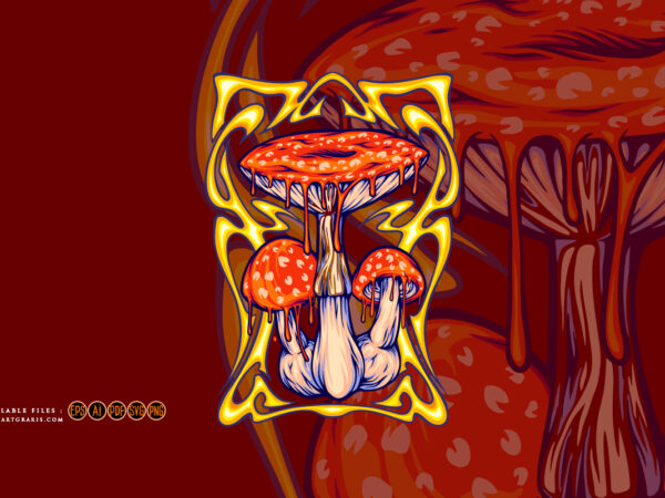 Melting amanita mushrooms with hallucinogenic nouveau frame illustrations t shirt designs for sale