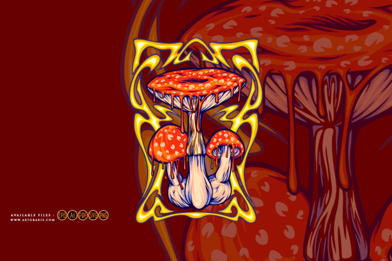 Melting amanita mushrooms with hallucinogenic nouveau frame illustrations