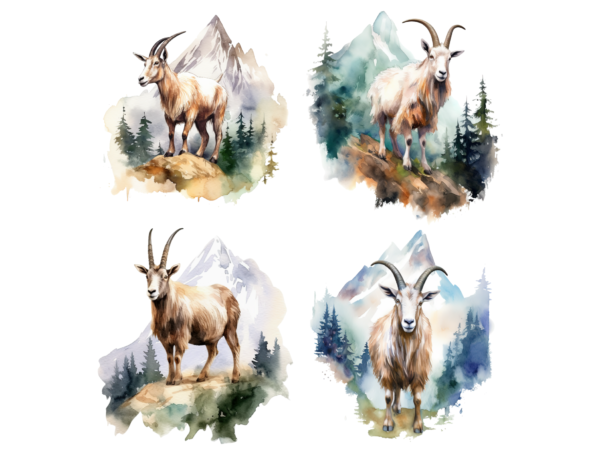 4 goat with the mountain forest watercolor style t shirt design graphic bundles, goat best seller tshirt design, goat tshirt design, goat png file