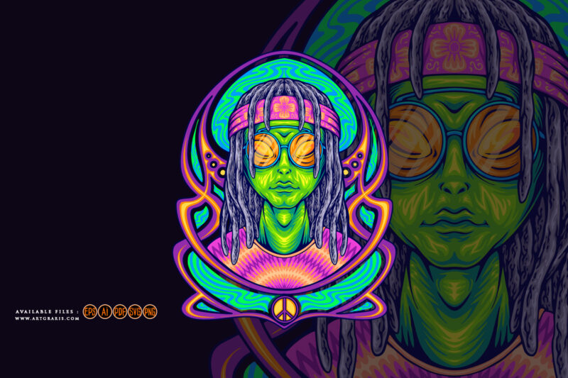 dreadlock alien dressing hippie with nouveau background illustrations