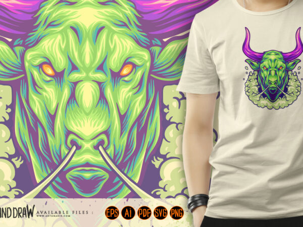 Menacing bull head with powerful aura logo illustration t shirt designs for sale