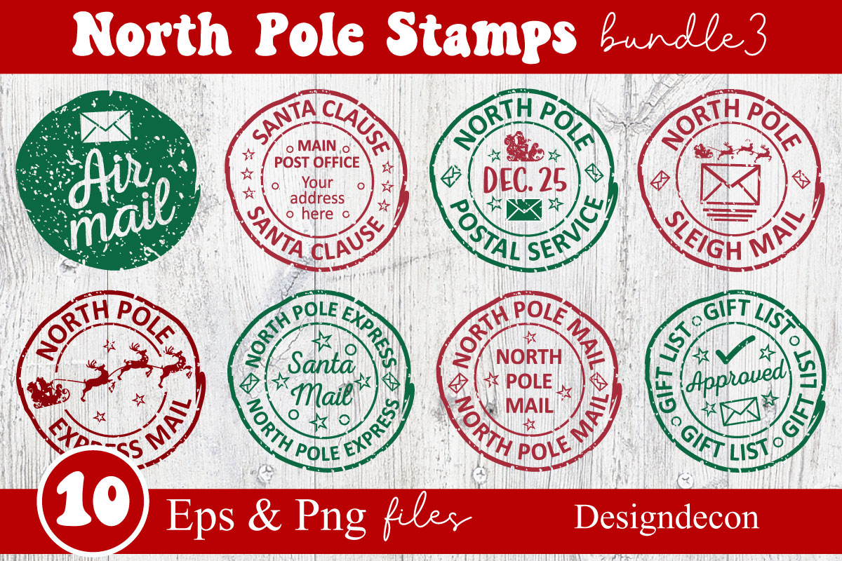 north pole rubber stamps bundle, post stamp designs set, santa