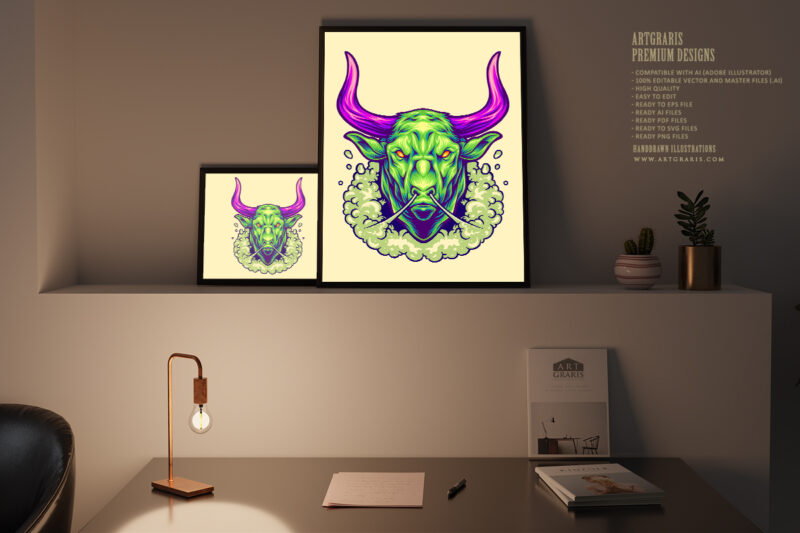 Menacing bull head with powerful aura logo illustration