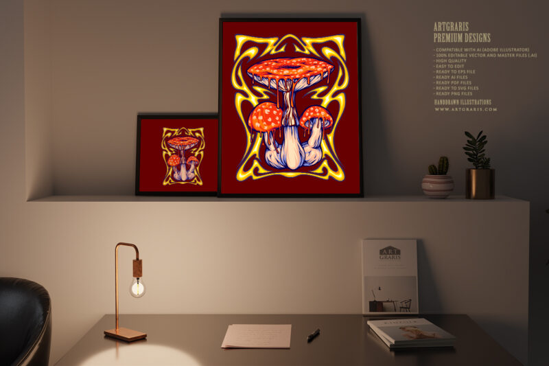 Melting amanita mushrooms with hallucinogenic nouveau frame illustrations