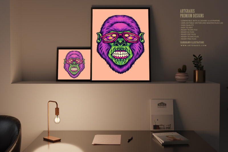 Gorilla head sporting sunglasses eye catching illustrations