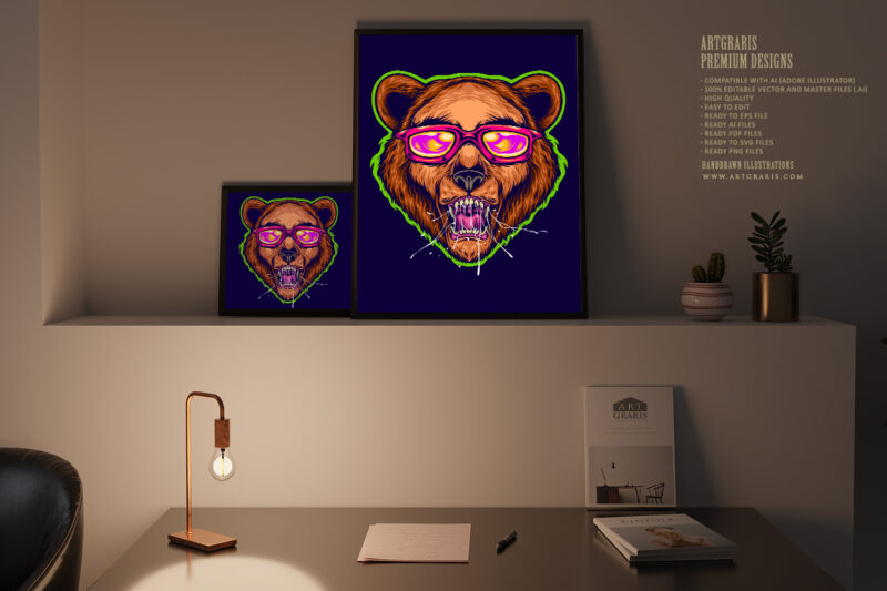 Edgy bear head wearing stylish sunglasses illustration