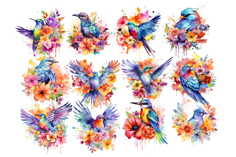 Rainbow Flower Bird Watercolor Clipart