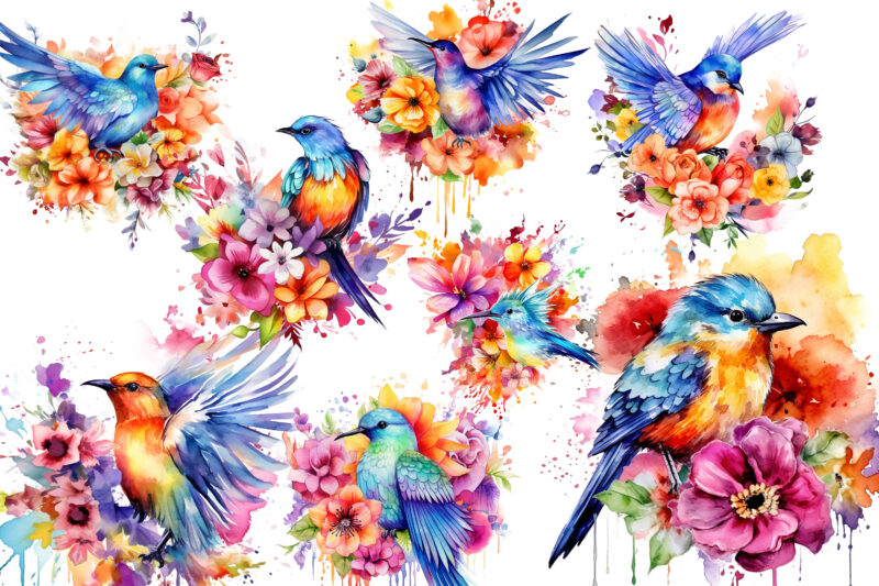 Rainbow Flower Bird Watercolor Clipart