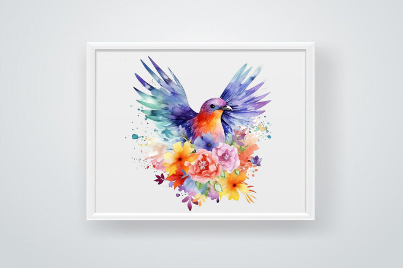 Rainbow Flower Bird Watercolor Clipart