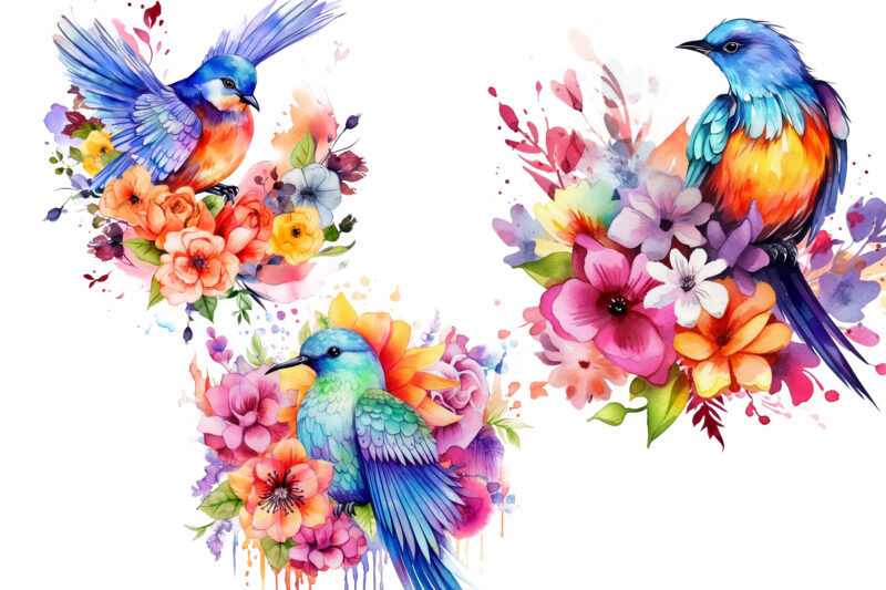 Rainbow Flower Bird Watercolor Clipart