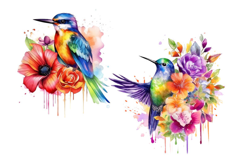 Rainbow Flower Bird Watercolor Clipart