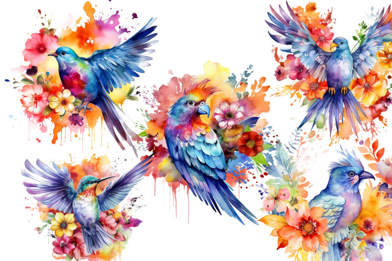 Rainbow Flower Bird Watercolor Clipart