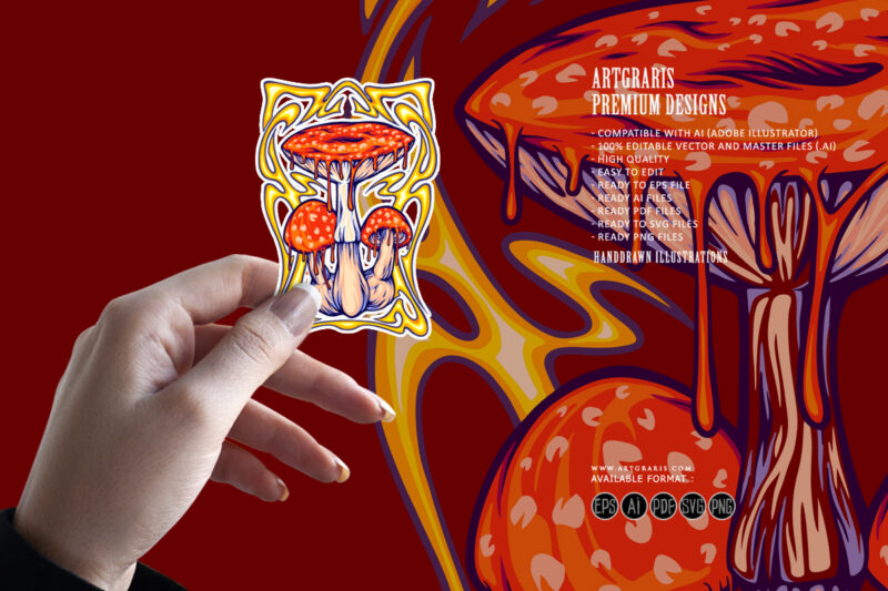 Melting amanita mushrooms with hallucinogenic nouveau frame illustrations