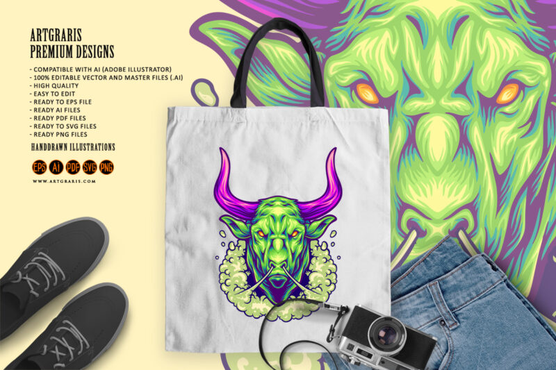 Menacing bull head with powerful aura logo illustration