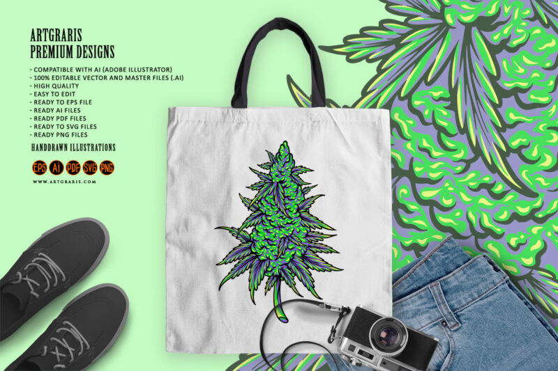 Cannabis sativa bud medicinal hemp plant illustrations