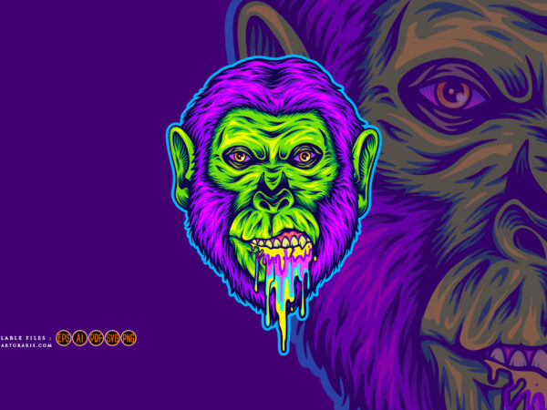 Trippy gorilla head rainbow puke logo illustrations t shirt designs for sale
