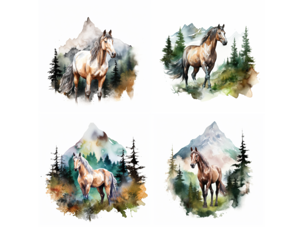 4 horse with the mountain forest watercolor style t shirt design graphic bundles, horse best seller tshirt design, horse tshirt design, horse png file