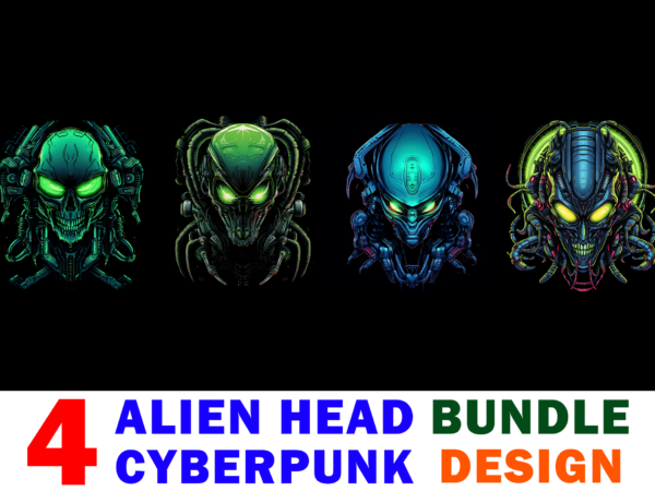 4 png bundle design alien head cyberpunk t-shirt vector