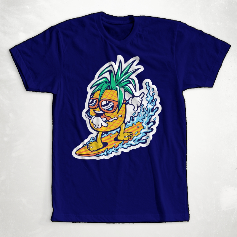 Cool Pineapple Playing Surfing Cartoon illustration of summer.