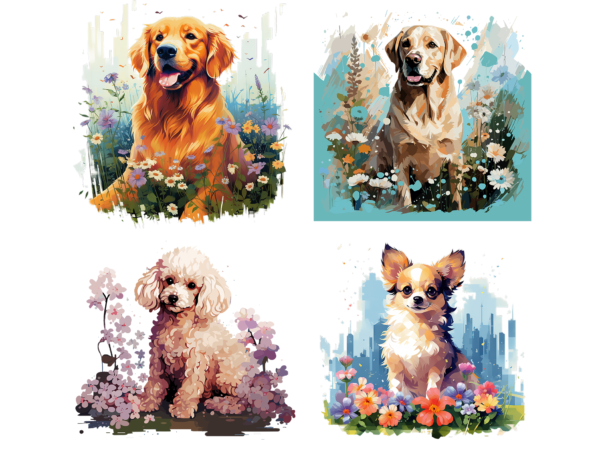 Dog sitting, surounded with small flowers t shirt design graphic, dog sitting, surounded with small flowers best seller tshirt design, dog sitting, surounded with small flowers tshirt design, dog sitting,