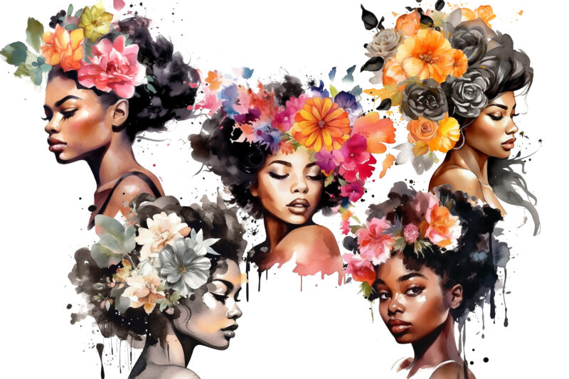 Black Girl Flower Watercolor Clipart