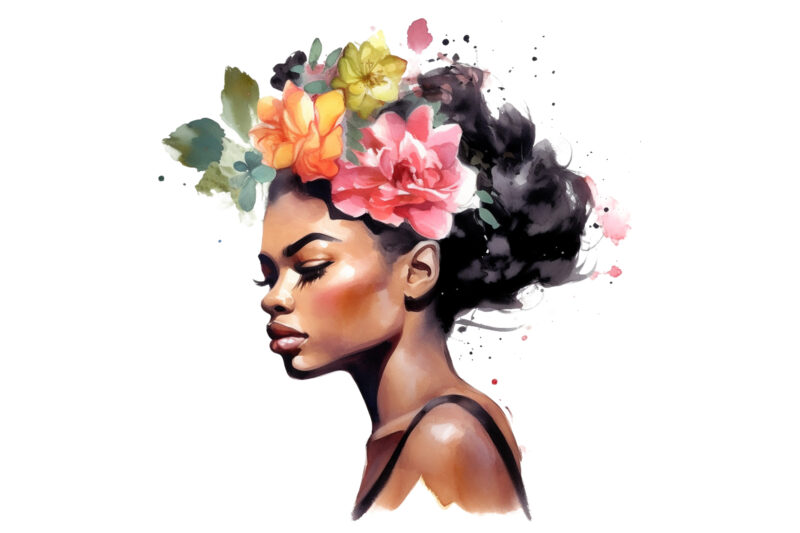 Black Girl Flower Watercolor Clipart