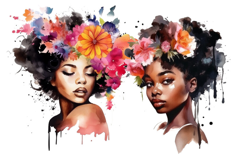 Black Girl Flower Watercolor Clipart