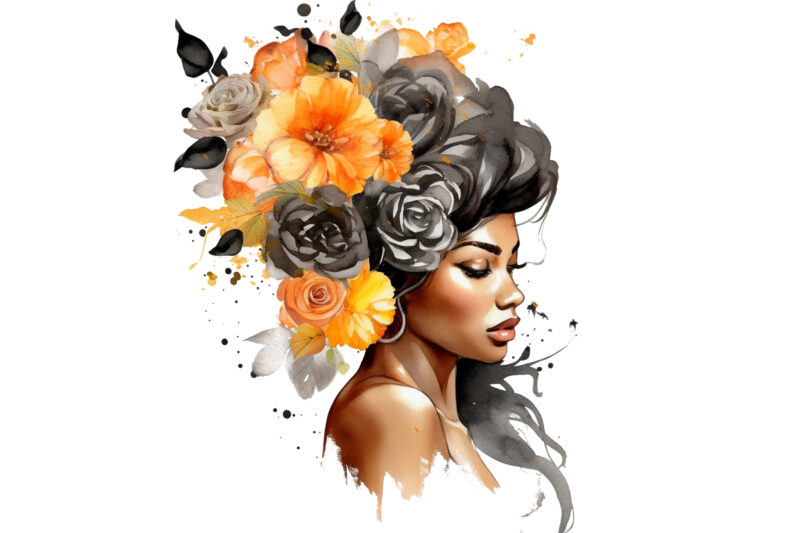 Black Girl Flower Watercolor Clipart