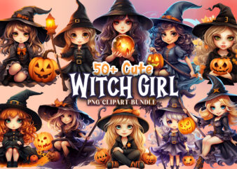 Cute Halloween Witch Girl PNG Clipart Bundle, Anime Halloween Girl T-shirt Designs, Halloween PNG T shirt Designs Bundle