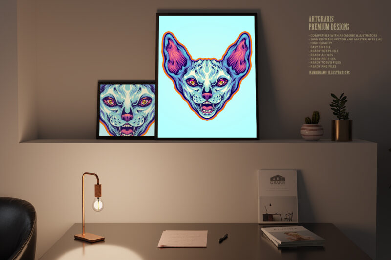 Grinning sphynx cat head cartoon illustrations