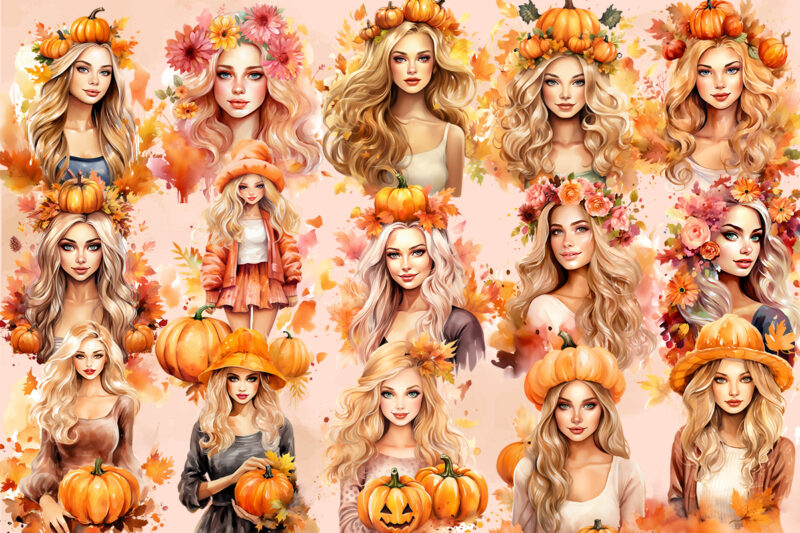 Autumn Barbies PNG Watercolor Clipart, Fall Girl Sublimation, Autumn Collection, Fall Sublimation Bundle