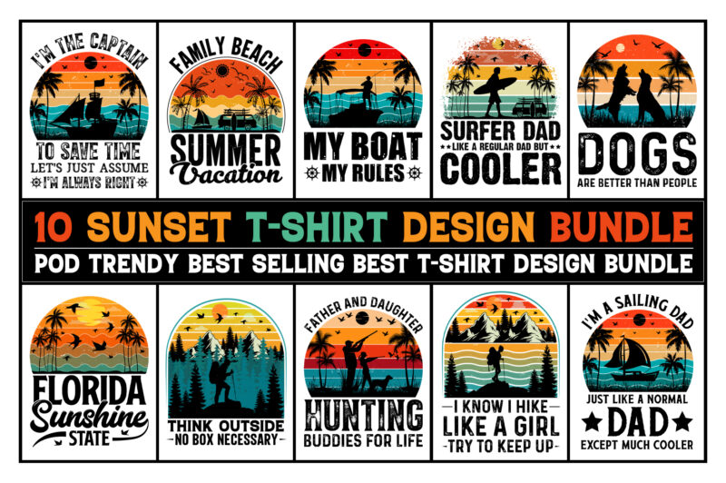 Retro Vintage Sunset T-Shirt Design Bundle