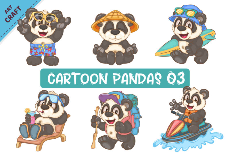 Set of Cartoon Pandas 03. Animal Art.