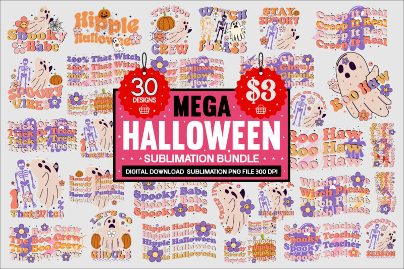 Retro Halloween Sublimation Bundle, Retro Halloween Bundle PNG