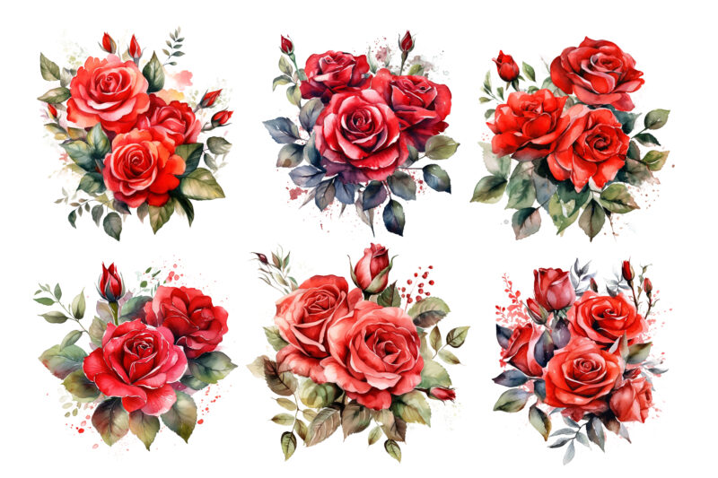Red Rose Flower Clipart Cut File Bundle