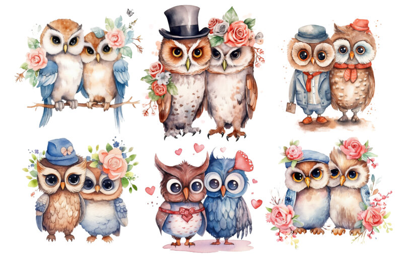 Cute Couple Owl with flower Watercolor Clipart