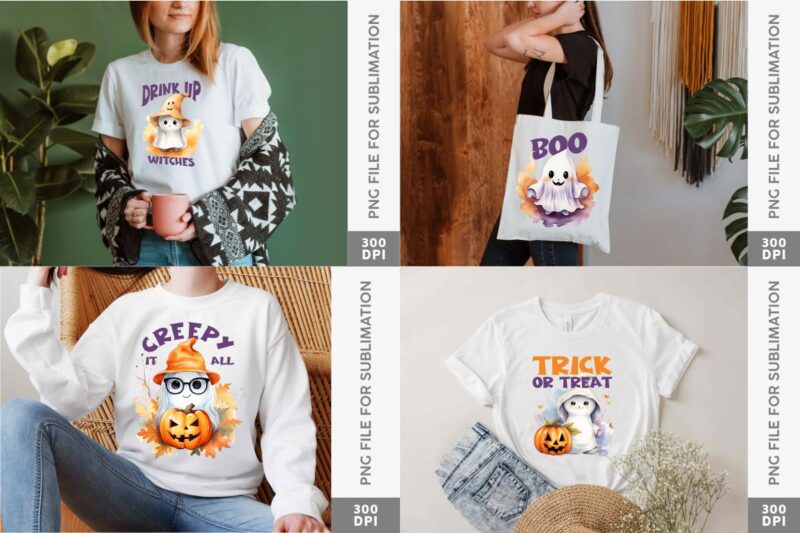 Cute Fall Halloween Ghost Sublimation Designs Bundle, Halloween T-shirt Designs Sublimation Watercolor Bundle, Cute Ghost Png Collection