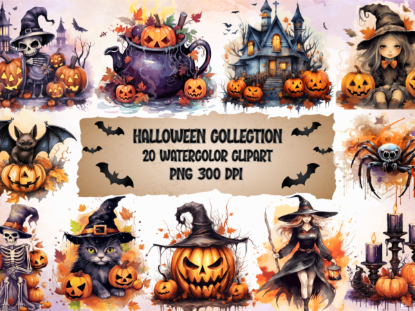 Halloween watercolor clipart, watercolor halloween sublimation, halloween clipart bundle graphic t shirt