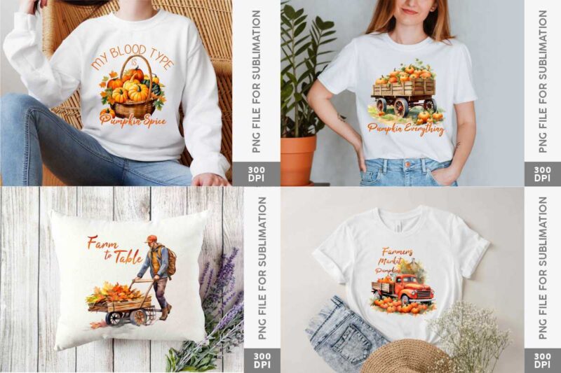 Fall on the Farm Sublimation Designs PNG Bundle, Fall Farmhouse T-shirt Designs PNG Bundle