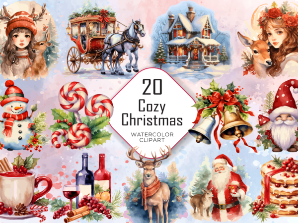 Cozy christmas watercolor sublimation clipart bundle t shirt vector file