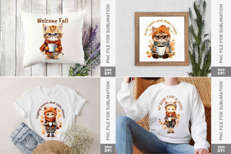 Retro Fall Cat Coffee PNG Sublimation Bundle, Cute Fall Animals Character for Merchandise, T-shirt designs for pod, commercial t shirt designs