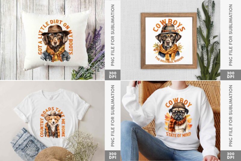 Retro Fall Cowboy Dog Sublimation Bundle, Western Clipart Bundle, Autumn Fall Quotes T-shirt Designs Bundle, Commercial Use T-shirt Designs