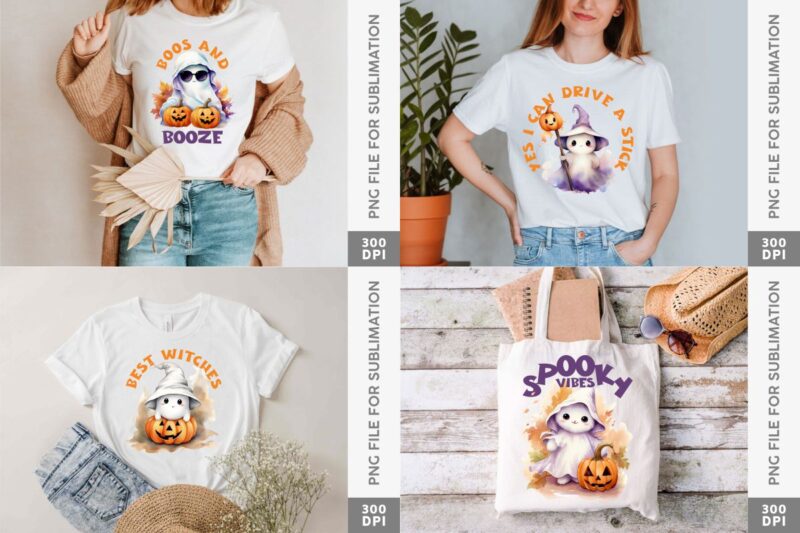 Cute Fall Halloween Ghost Sublimation Designs Bundle, Halloween T-shirt Designs Sublimation Watercolor Bundle, Cute Ghost Png Collection