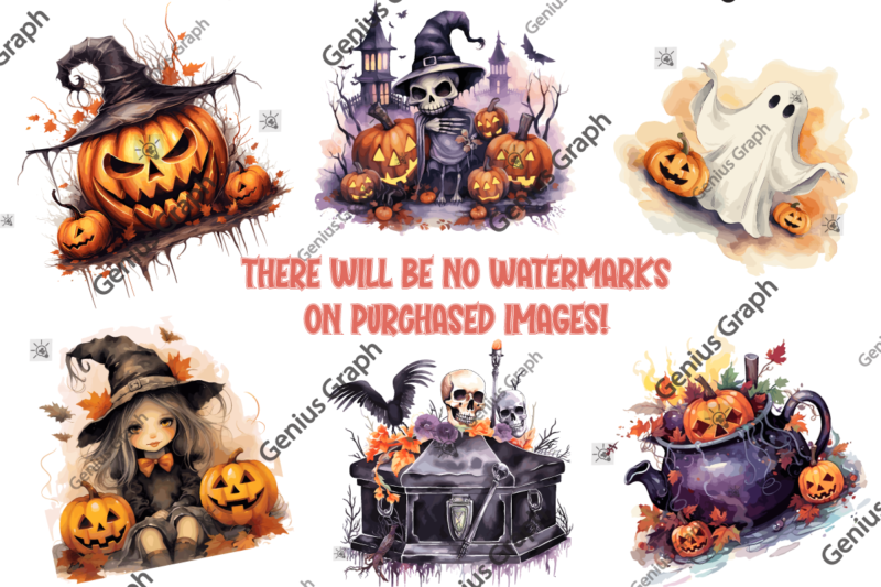 Halloween Watercolor Clipart, Watercolor Halloween Sublimation, Halloween Clipart Bundle