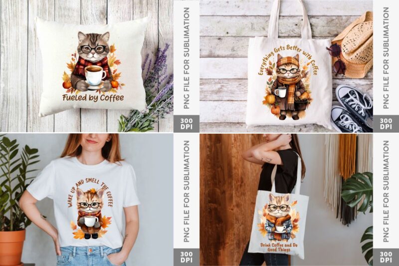 Retro Fall Cat Coffee PNG Sublimation Bundle, Cute Fall Animals Character for Merchandise, T-shirt designs for pod, commercial t shirt designs