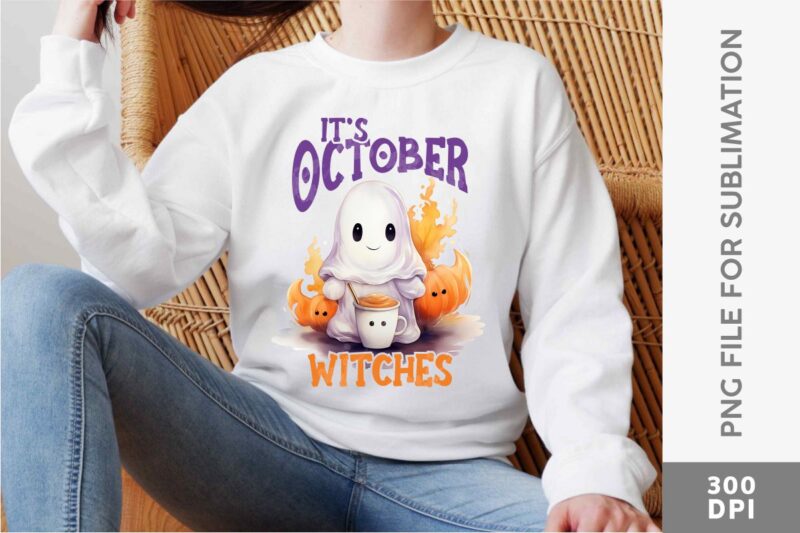 Cute Ghost with Coffee Halloween Designs Sublimation Bundle, Cute Halloween T-shirt Designs