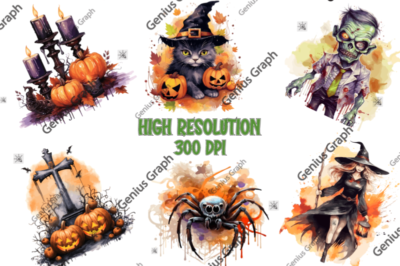 Halloween Watercolor Clipart, Watercolor Halloween Sublimation, Halloween Clipart Bundle